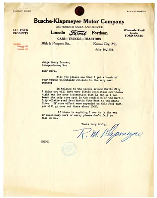 Letter from Ray Klapmeyer to Harry S. Truman