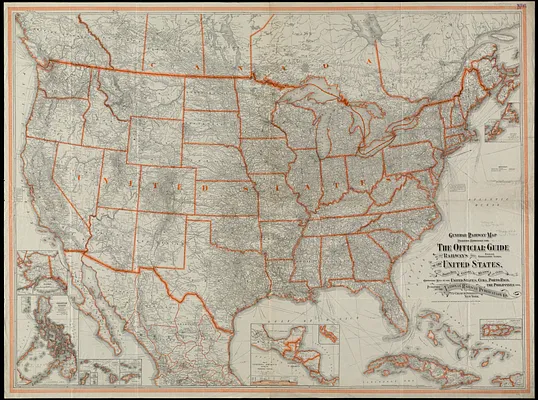 General railway map engraved expressly for the Official guide of the railways and steam navigation lines of the United States, Porto Rico, Canada, Mexico and Cuba, comprising maps of the United States, Cuba, Porto Rico, the Philippines, etc