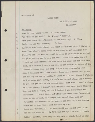 Sacco-Vanzetti Case Records, 1920-1928. Defense Papers. Transcript of Inquest, pages 77-89: Testimony of Louis Wade, Edgar C. Langlois, Sam M. Akeke, April 1921. Box 4, Folder 21, Harvard Law School Library, Historical & Special Collections