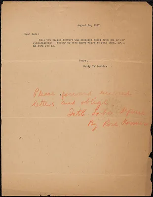 Molly Tallentire typed note to Rose [Karsner] (International Labor Defense), August 24, 1927