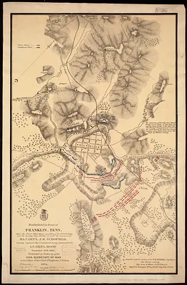 Battlefield in front of Franklin, Tenn. where the United States forces, consisting of the 4th & 23rd Corps and the Cavalry Corps M.D.M., all under the command of Maj. Gen'l. J. M. Schofield, severely repulsed the Confederate army, commanded by Lt. Gen'l Hood, November 30th 1864