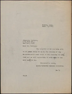 Mary Donovan (Sacco-Vanzetti Defense Committee) typed note (copy) to Alexander Kadison, Boston, Mass., September 8, 1927