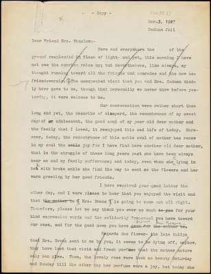 Nicola Sacco to Gertrude L. Winslow, Dedham, 3 March 1927
