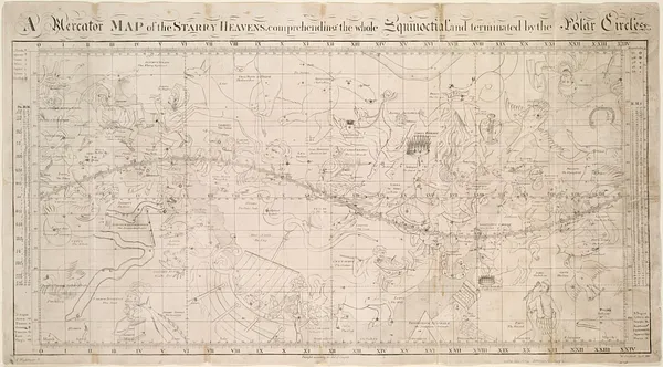 A Mercator map of the starry heavens, comprehending the whole equinoctial, and terminated by the polar circles