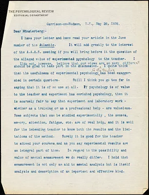 Cattell, James McKeen, 1860-1944 typed letter signed to Hugo Münsterberg, Garrison-on-Hudson, 26 May 1898