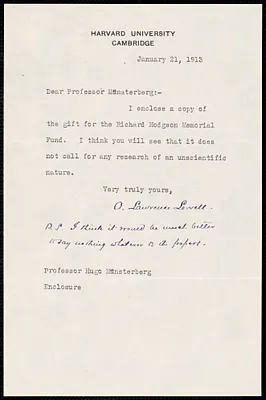 Lowell, A. Lawrence (Abbott Lawrence), 1856-1943 typed note signed to Hugo Münsterberg, Cambridge, Mass., 21 January 1913