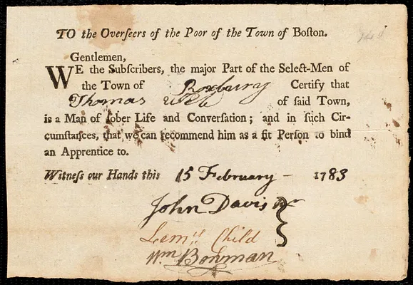 Nancy Murry indentured to apprentice with Thomas Weld of Roxbury, 15 February 1783