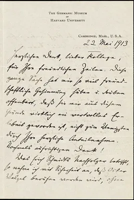 Francke, Kuno, 1855-1930 autograph letter signed to Hugo Münsterberg, Cambridge, Mass., 22 May 1913