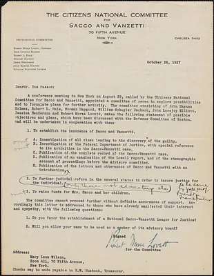 Robert Morss Lovett (The Citizens National Committee for Sacco and Vanzetti) typed letter signed to [John] Dos Passos, New York, N. Y., October 26, 1927