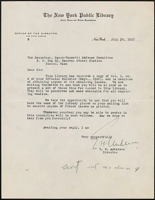 Edwin H. Anderson (The New York Public Library) typed letter signed to Sacco-Vanzetti Defense Committee, New York, N.Y., July 30, 1927