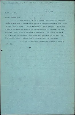Bartolomeo Vanzetti typed note (copy) to Theodore Debs, [Charlestown], 3 November 1926