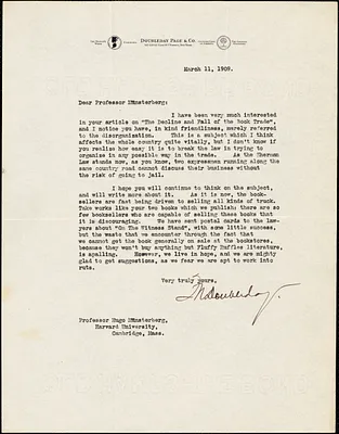 Doubleday, Frank Nelson, 1862-1934 typed letter signed to Hugo Münsterberg, New York, 11 March 1909