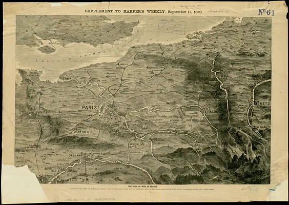 The seat of war in France, showing the scene of M'Mahon's defeat and capitulation, Paris and its environs, and its railroad connections with Tours, Cherbourg, Havre and other cities