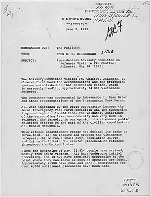 Memorandum from John S. D. Eisenhower to President Gerald R. Ford concerning the visit of the Presidential Advisory Committee on Refugees to the refugees camp for Indochina refugees at Fort Chaffee, Arkansas, May 20, 1975.