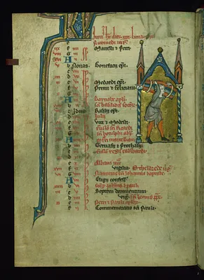 Leaf from Psalter: June Calendar, Man Carrying a Bundle of Wood