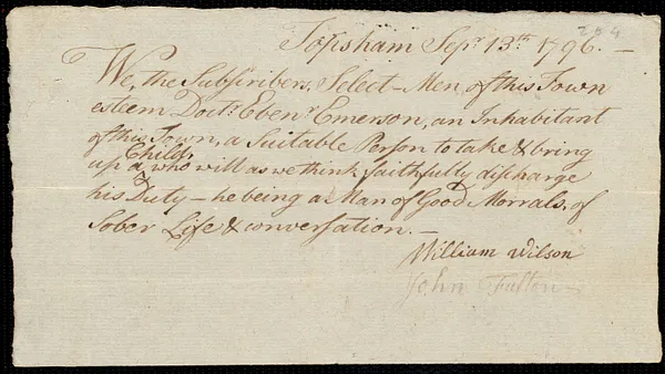 Nathaniel Adams indentured to apprentice with Ebenezer Emerson of Topsham, 1 October 1796