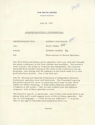 Memorandum from Robert Orben to Robert Hartmann Regarding Observations on Recent Speeches