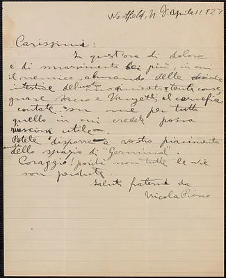 Nicola Piesco autograph letter signed, in Italian, to Sacco-Vanzetti Defense Committee, Northfield, N.J., April 11, 1927