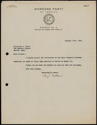 Benjamin Gitlow (Workers Party of America, District No. 2) typed letter signed to Elizebeth Gurley Flynn, New York, N.Y., January 17, 1924