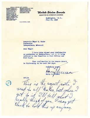 Letter from Harry S. Truman to Edgar Hinde