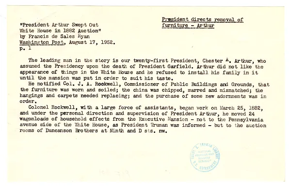 Washington Post Excerpt re President Chester A. Arthur's Removal of Furniture from White House