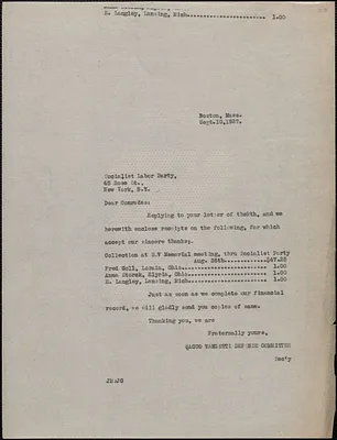 Joseph Moro (Sacco-Vanzetti Defense Committee) typed letter (copy) to Socialist Labor Party, Boston, Mass., September 10, 1927