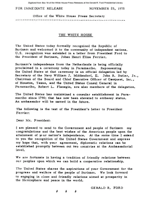 Us Recognition of the Republic of Surinam and President's Letter to Johan Henri Eliza Ferrier, President of Surinam