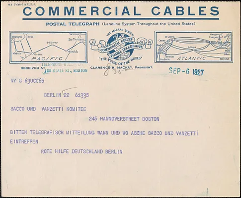 Rote Hilfe Deutschland telegram, in German, to Sacco und Vanzetti Komittee [Sacco-Vanzetti Defense Committee], Berlin, Germany, September 6, 1927