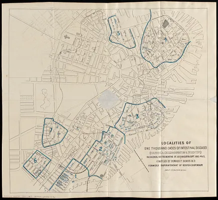 Localities of one thousand cases of intestinal diseases (diarrhoea, cholera-infantum & dysentery) in children, for the months of July, August & Sept. 1863, 4 & 5