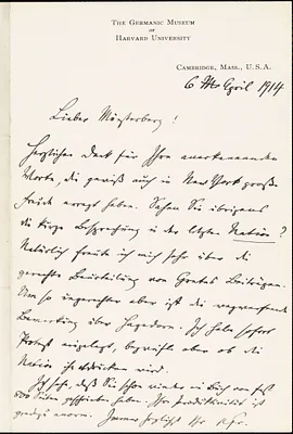 Francke, Kuno, 1855-1930 autograph letter signed to Hugo Münsterberg, Cambridge, Mass., 6 April 1914