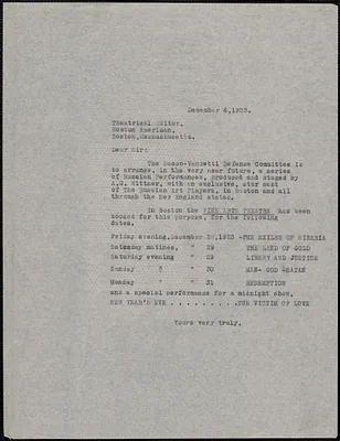 Sacco-Vanzetti Defense Committee typed letter (copy) to Theatrical Editor, Boston American, December 6, 1923