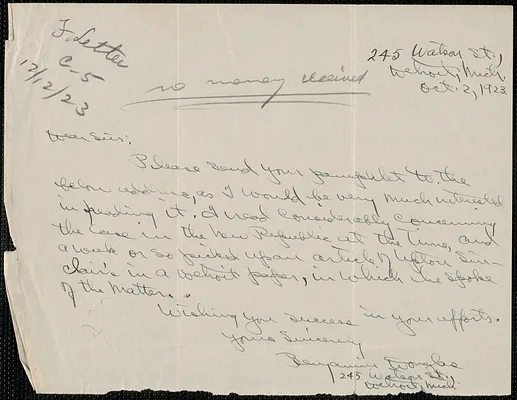 Benjamin Douglas autograph letter signed to Sacco-Vanzetti Defense Committee, Detroit, Mich., October 2, 1924