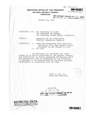 Memorandum from James S. Lay to the Secretary of State, the Secretary of Defense, and Chairman of the Atomic Energy Commission