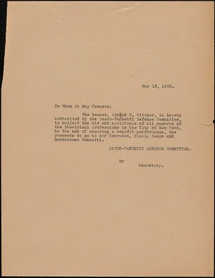 Sacco-Vanzetti Defense Committee typed note (circular), Boston, Mass., May 18, 1922