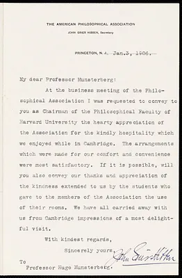 Hibben, John Grier, 1861-1933 typed letter signed to Hugo Münsterberg, Princeton, N.J., 3 January 1906
