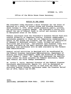 President declared a major disaster for the State of Maryland as a result of severe storms and flooding [Disaster Declaration]