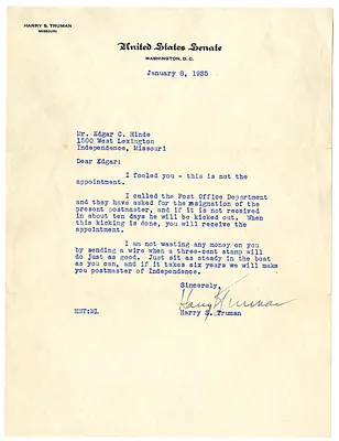 Letter from Harry S. Truman to Edgar Hinde