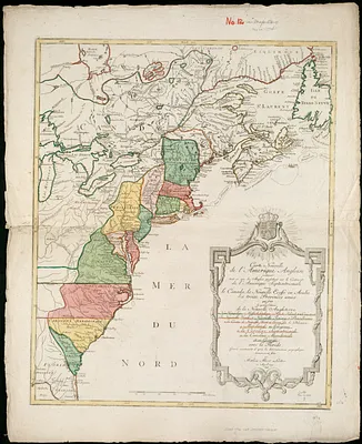 Carte nouvelle de l'Amérique Angloise contenant tout ce que les Anglois possédent sur le continent de l'Amérique septentrionale savoir le Canada, la Nouvelle Ecosse ou Acadie, les treize provinces unies qui sont