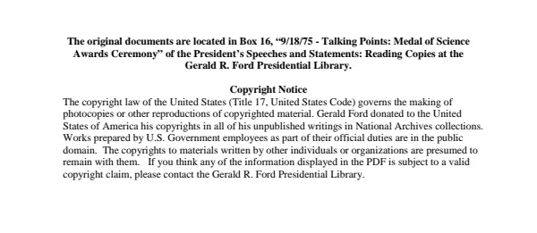 9/18/75 - Talking Points: Medal of Science Awards Ceremony