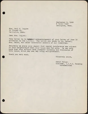 Letter from David Reiner to Mrs. Paul F. Duggan about racial intolerances experienced when selling her house