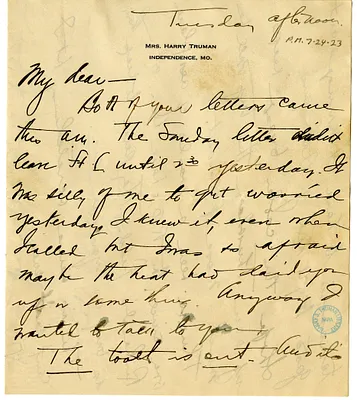Letter from Bess W. Truman to Harry S. Truman