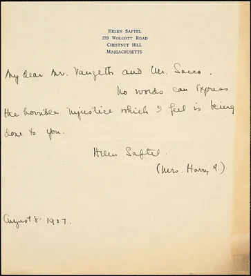 Helen Saftel autographed note signed to [Nicola] Sacco and [Bartolomeo] Vanzetti, Chestnut Hill, Mass., 8 August 1927