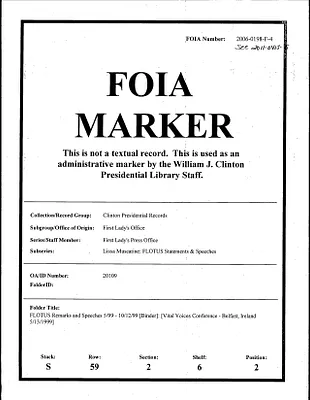 FLOTUS Remarks and Speeches 5/99 -10/12/99 [Binder]: [Vital Voices Conference -Belfast, Ireland 5/13/1999]