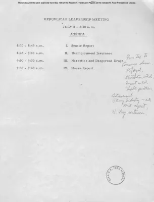 White House - Congressional Leadership Meeting, 7/8/69 (includes minutes and Ford notes)