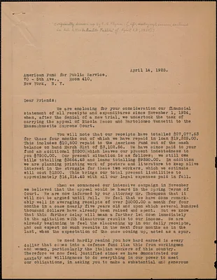 Sacco-Vanzetti Defense Committee typed letter (copy) to The American Fund for Public Service, Inc., Boston, Mass., April 14, 1925