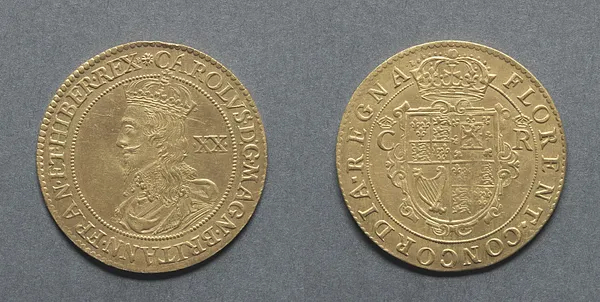 Unite: Charles I (obverse); Crowned Shield (reverse)