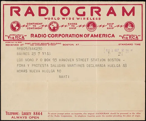 Marti telegram, in Spanish, to Sacco-Vanzetti Defense Committee, Buenos Aires, Argentina, August 7, 1927