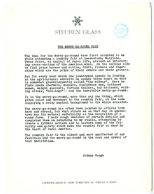 Memorandum from Steuben Glass, "The Merry-Go-Round Vase"