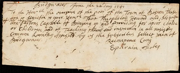 Edward Vaile indentured to apprentice with Theophilus Howard of Bridgewater, 15 November 1751