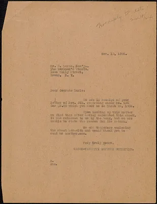 Sacco-Vanzetti Defense Committee typed letter to M. Lurie, Boston, Mass., November 10, 1924